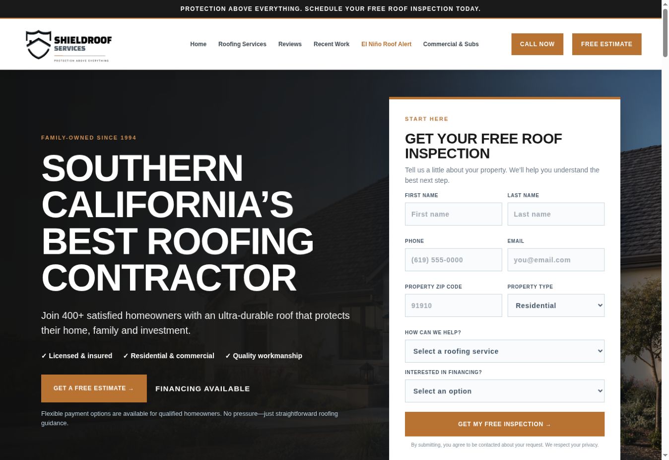 Homepage preview of the Shieldroof Services website