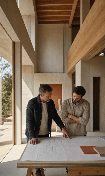 Contractor leaders reviewing building plans on a jobsite