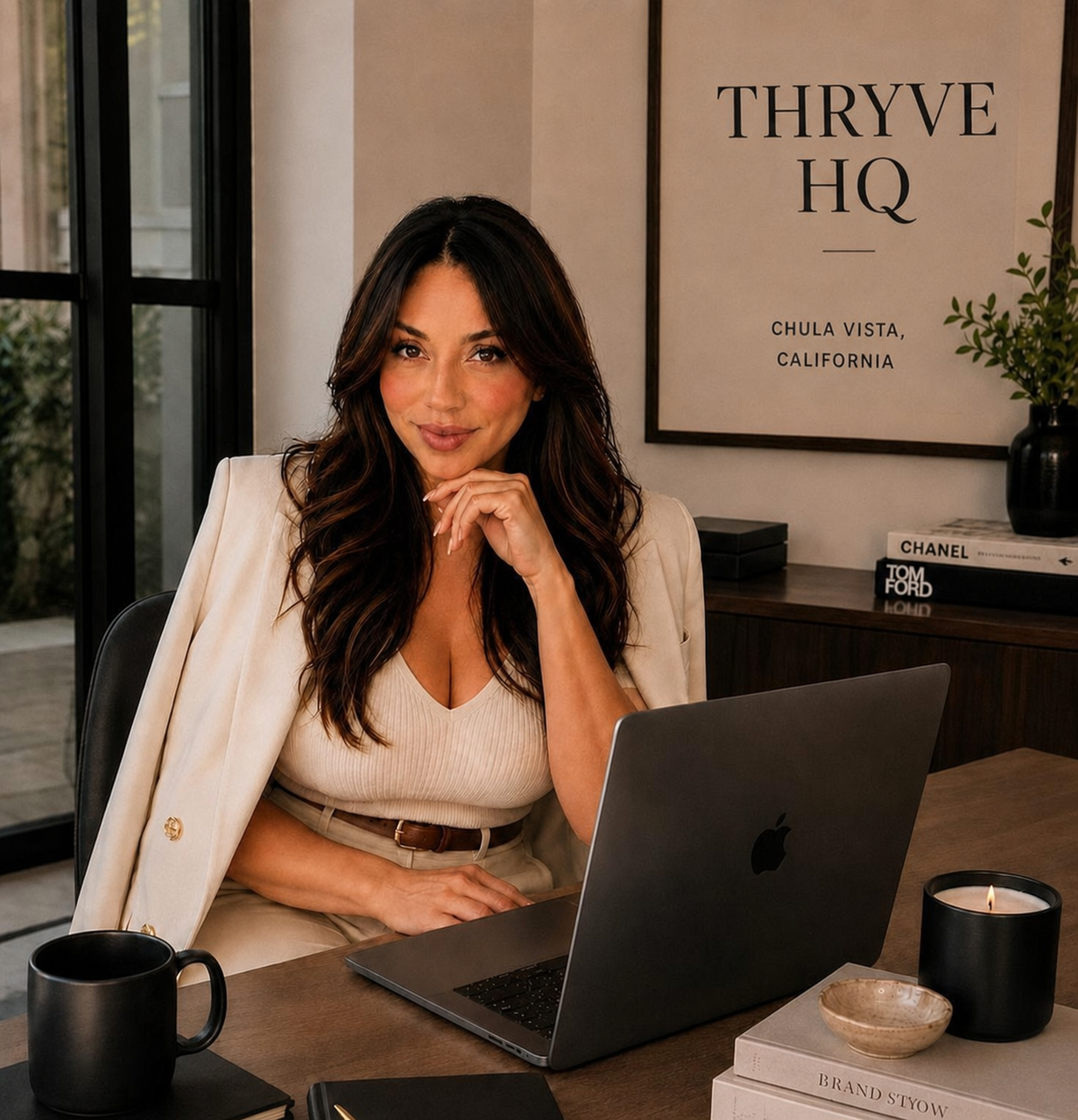 Karen Becerra at her desk in the Thryve HQ studio